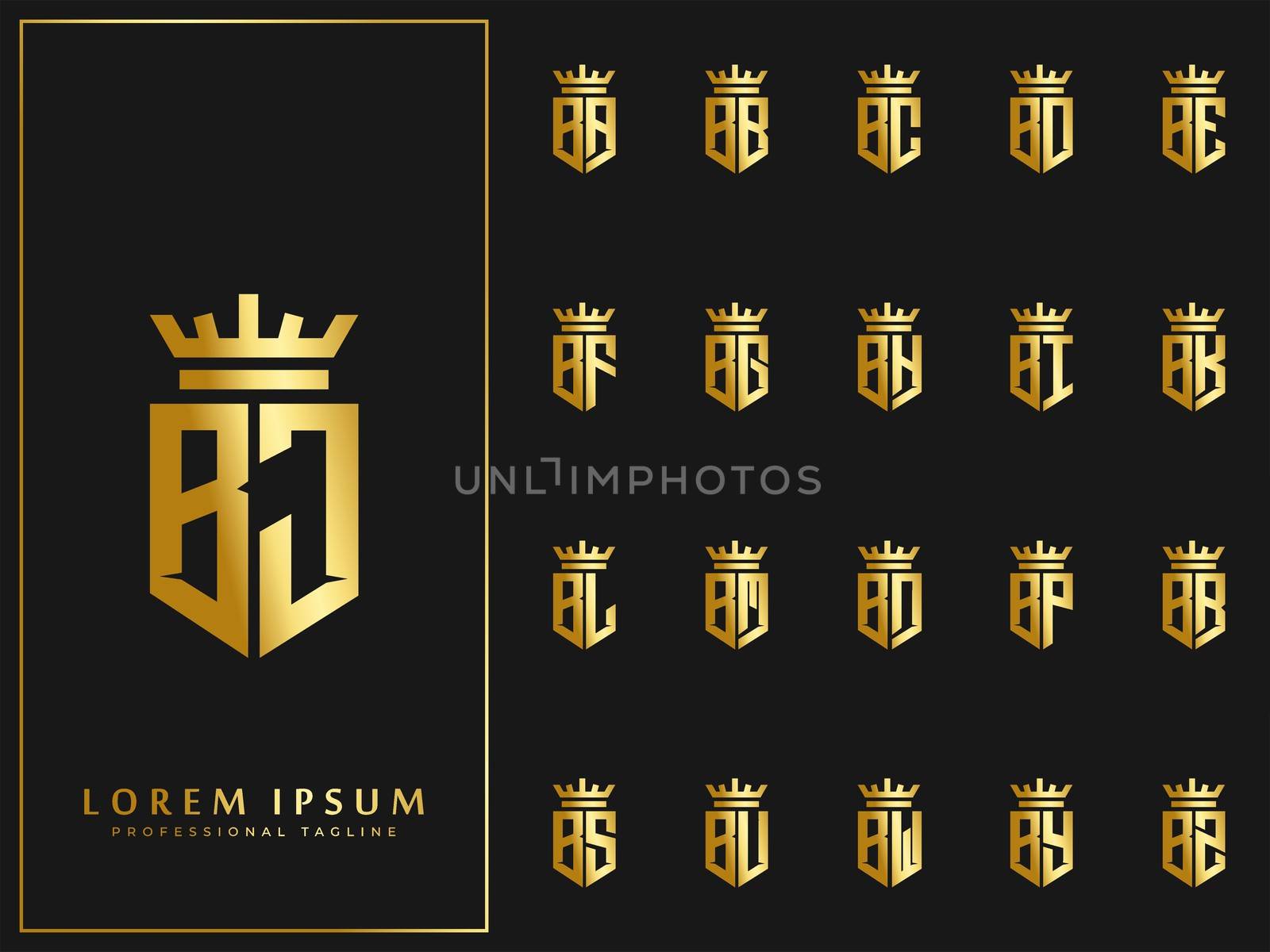 set of initial B letter with crown elements logo template. luxury gold initial shield shape alphabet vector design stock illustration.