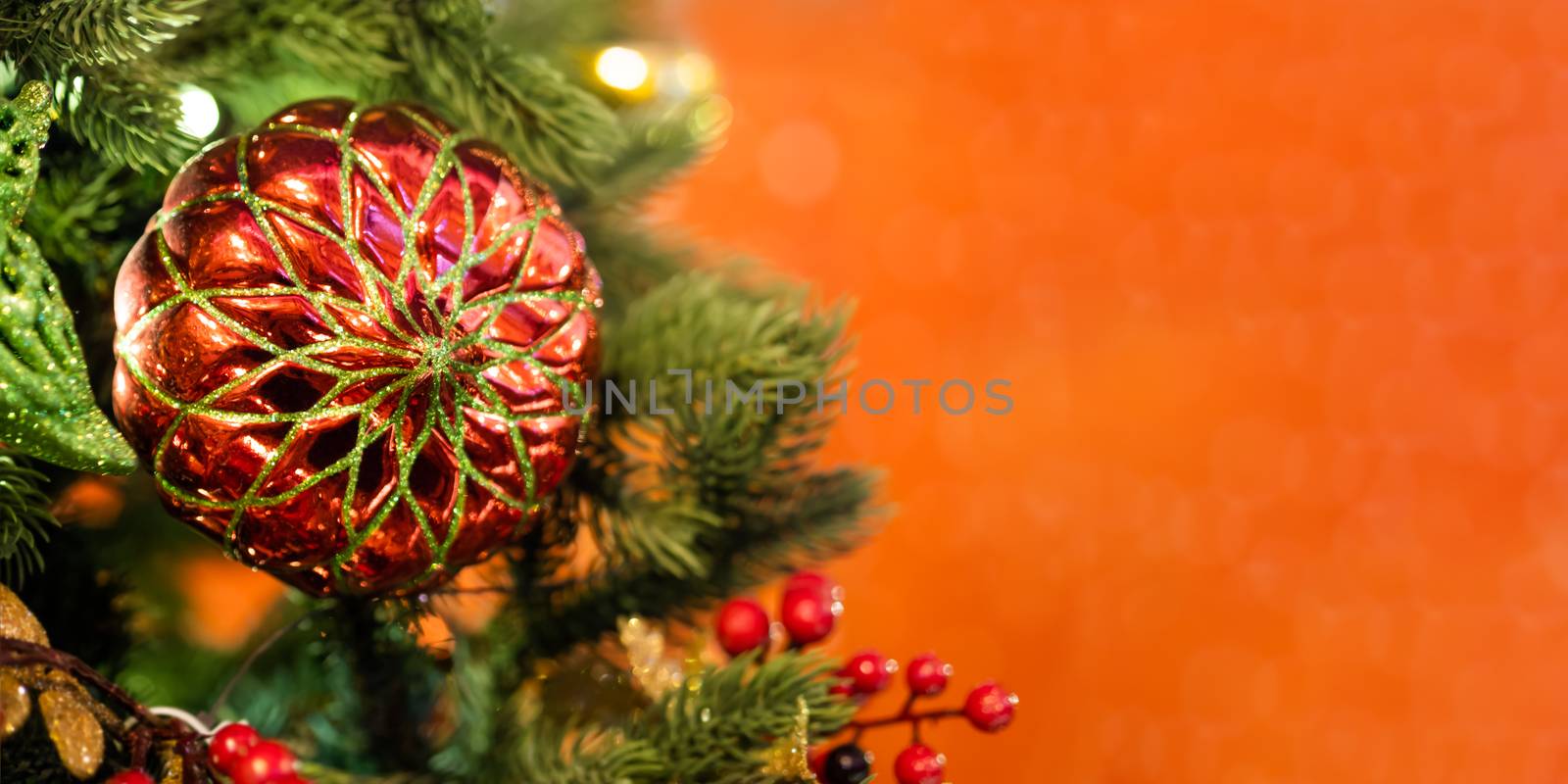 Red decoration on Christmas tree. New Year decoration. Festive b by aksenovko