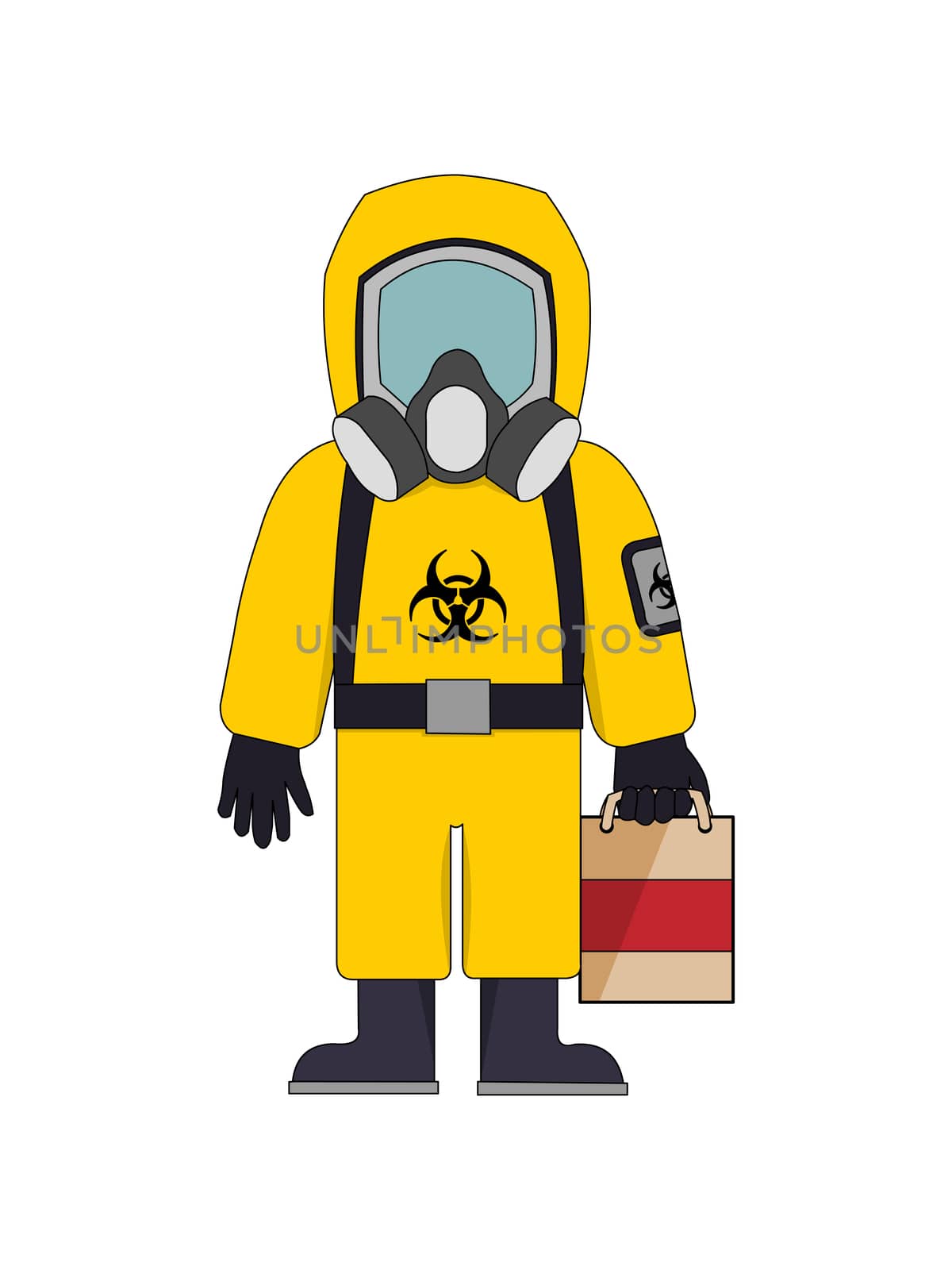 A yellow hazard suit holding a carrier bag.