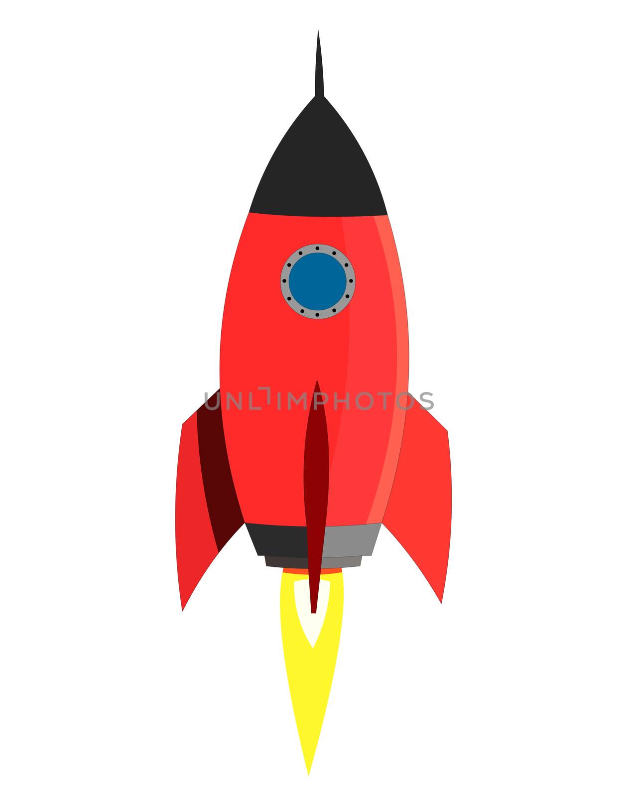 A large red rocket with a round windows blasting off with flames.