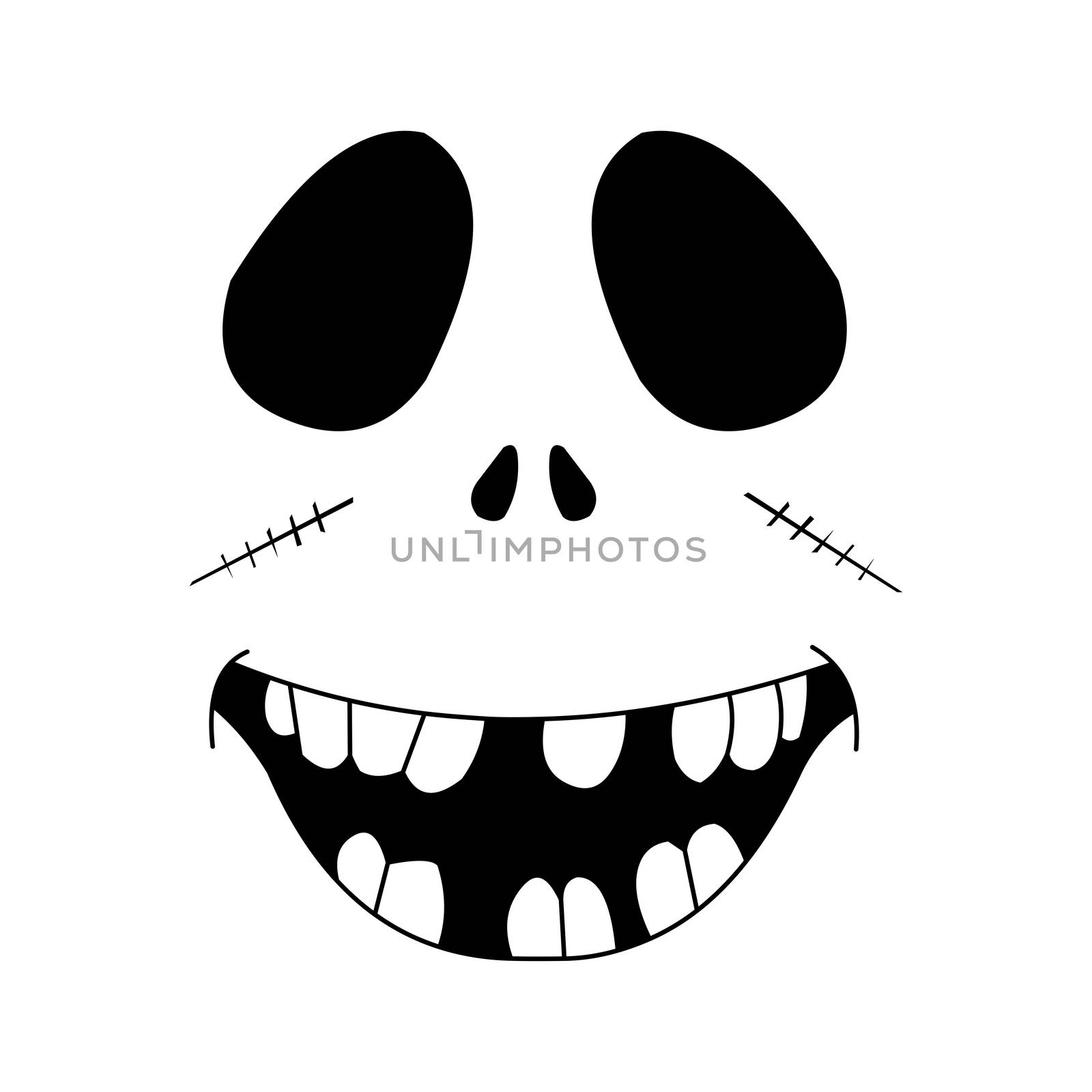 A black and white smiling Halloween zombie face.
