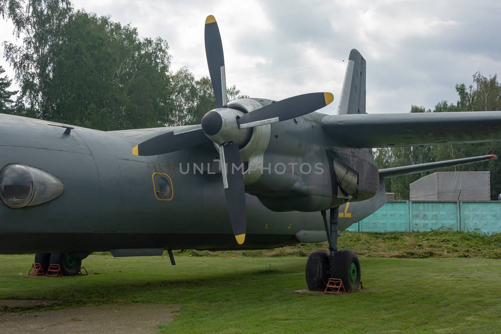 Minsk, Belarus - July 25, 2018: aircraft propeller engine. Wing of an airplane with a screw engine