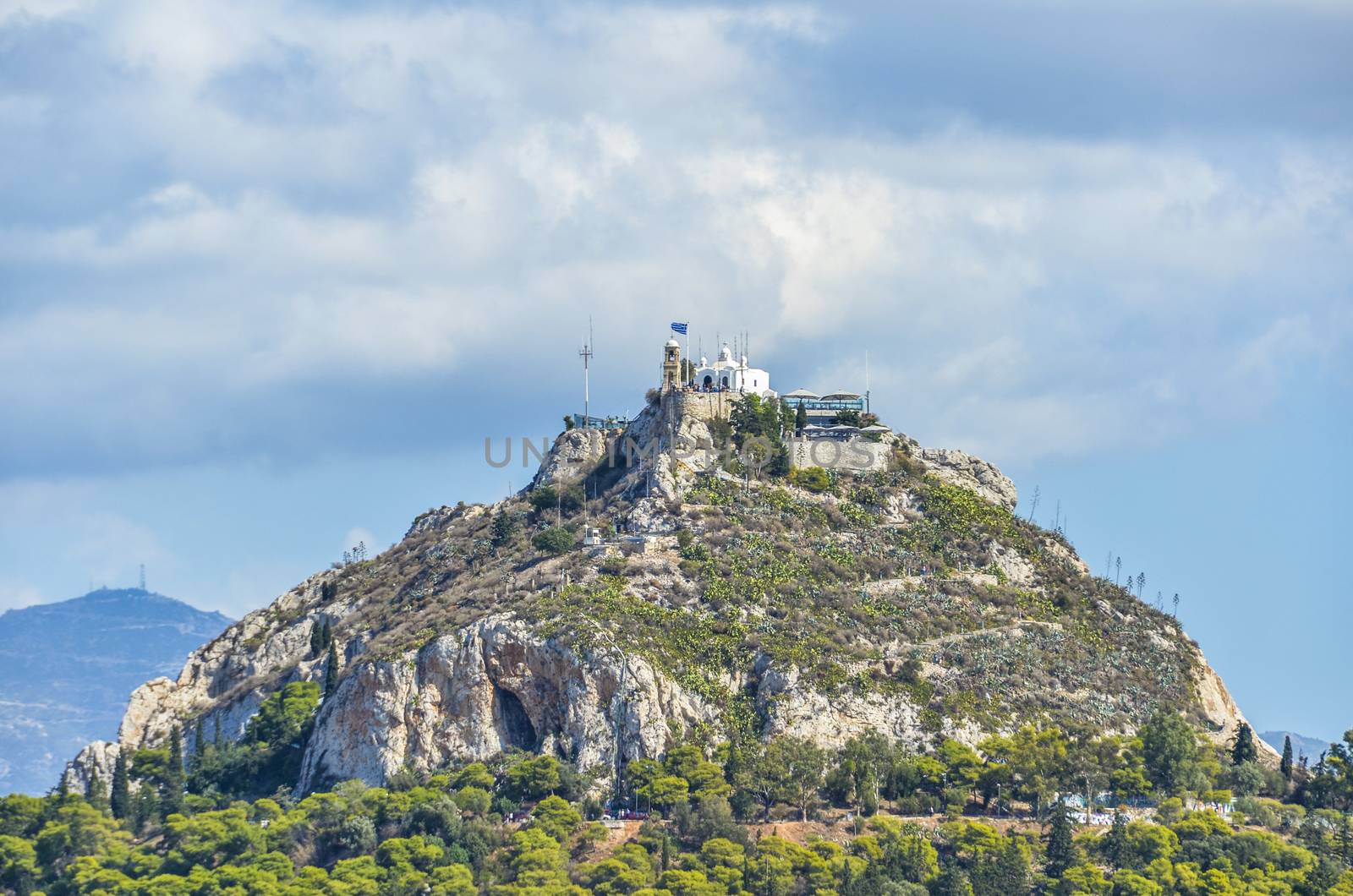closeup of the Lycabettus hill from where you can appreciate the city of Athens