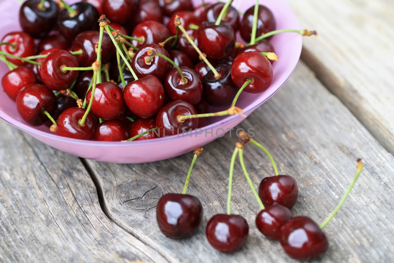 Pink fruit bowl with cherries on old wooden table