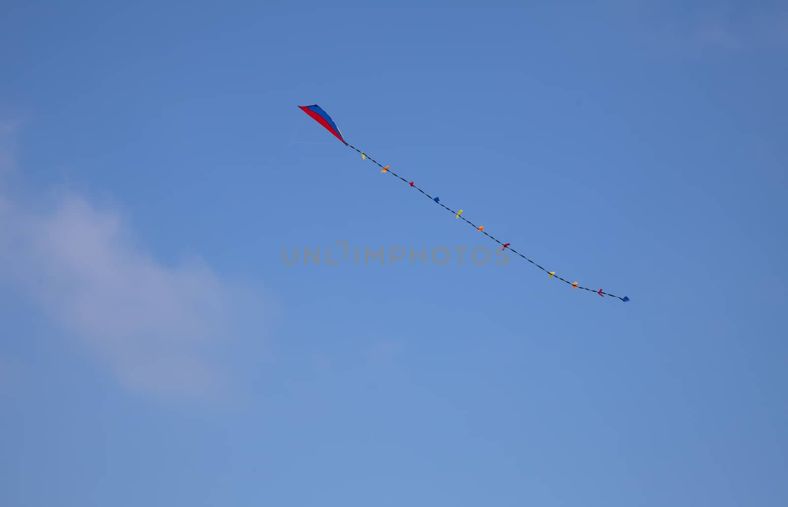 Colorful kite in the blue sky with copy space