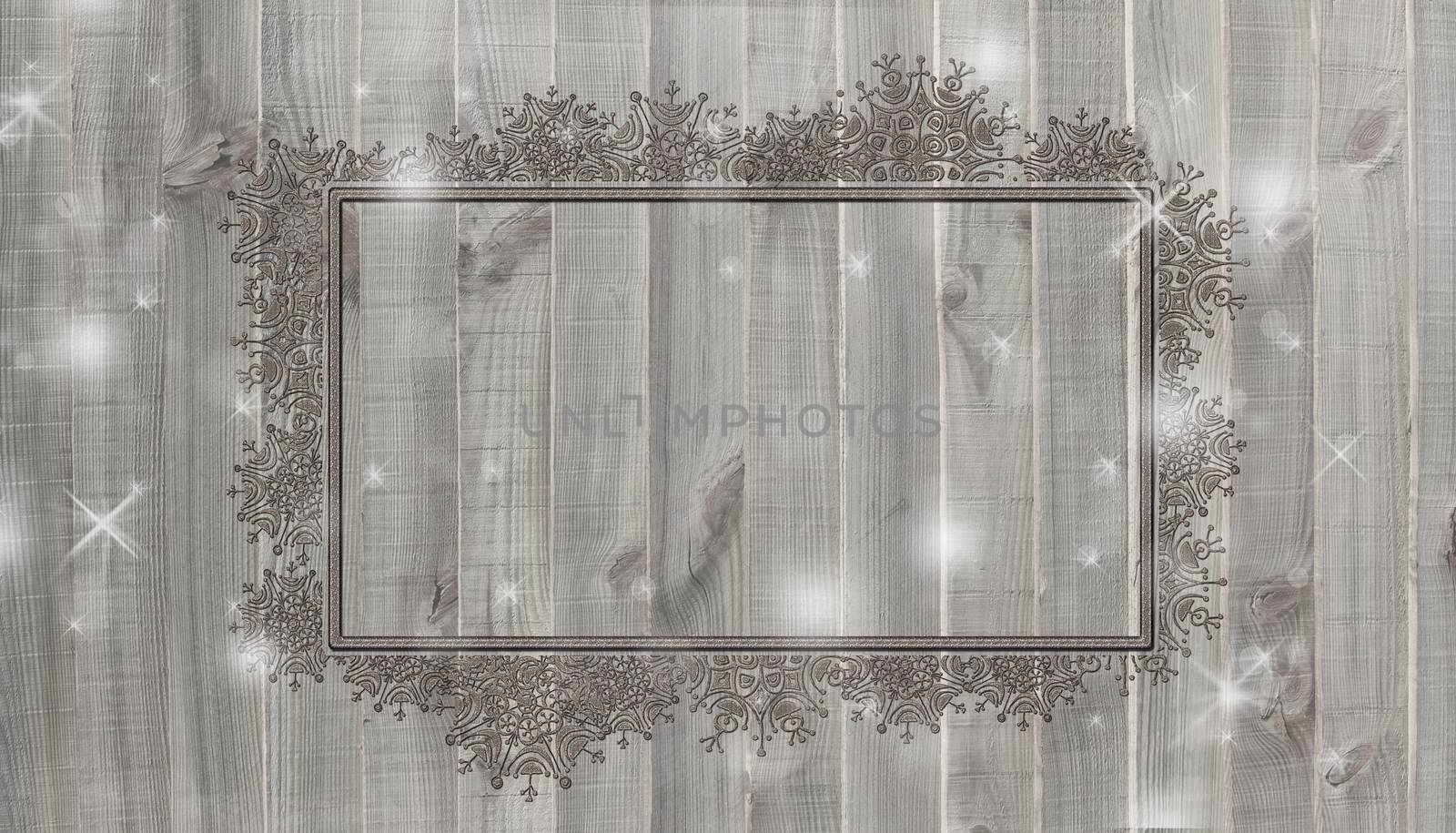 Brown wood texture with white snow and snowflakes frame for Christmas and New Year background. 3D illustration