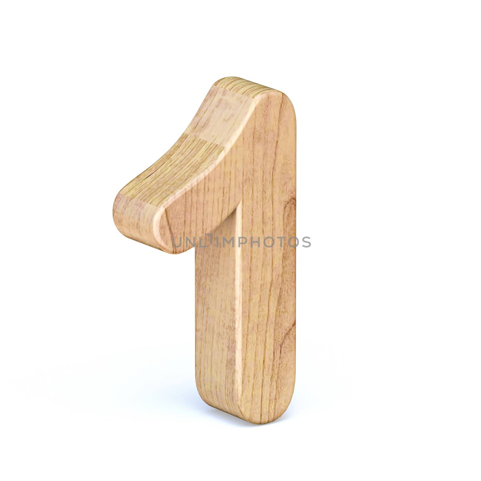 Rounded wooden font Number 1 ONE 3D render illustration isolated on white background