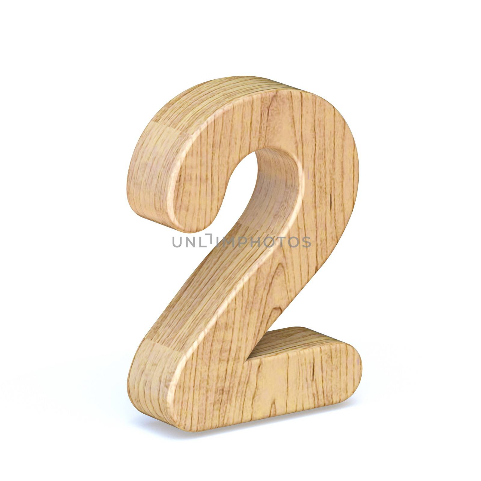 Rounded wooden font Number 2 TWO 3D render illustration isolated on white background