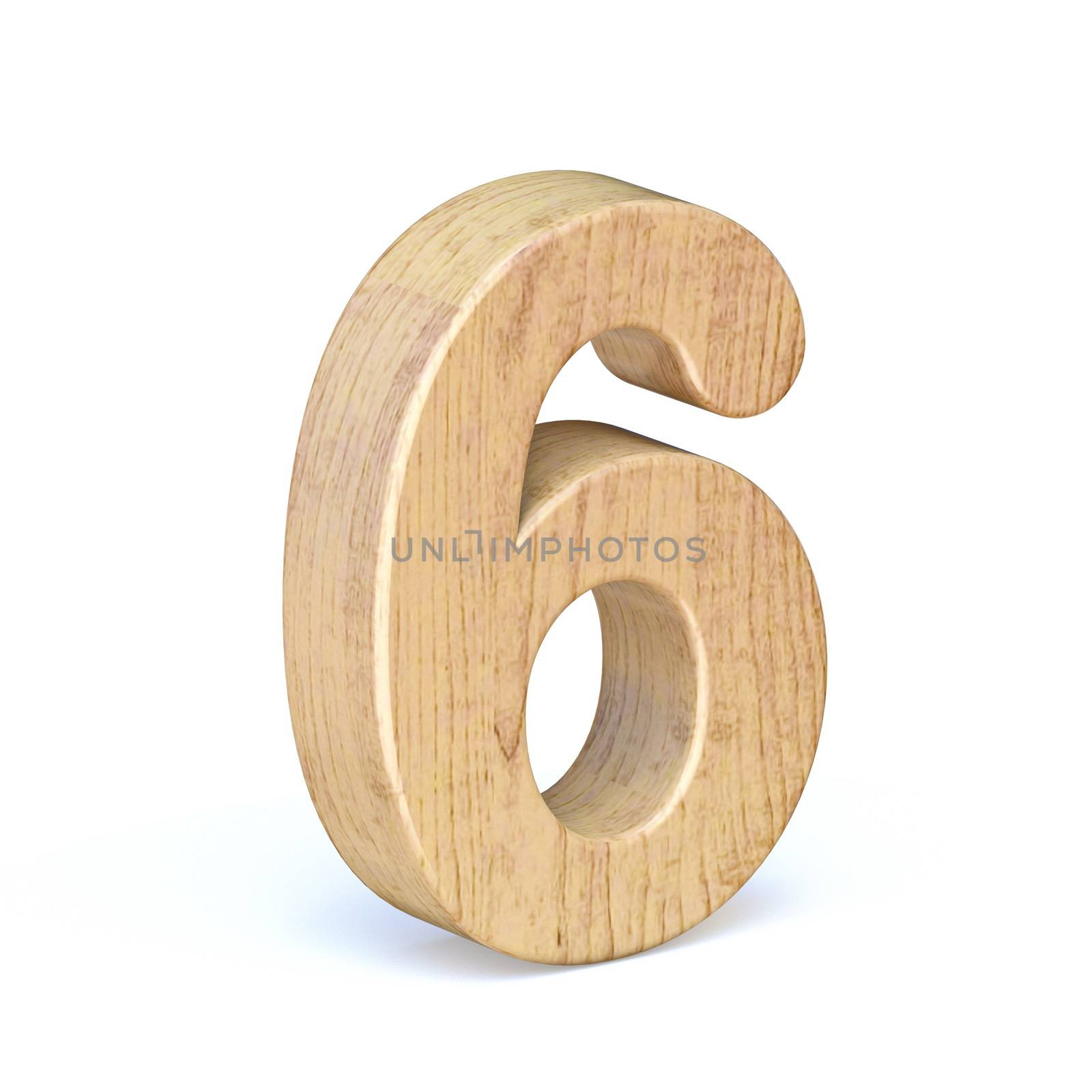 Rounded wooden font Number 6 SIX 3D render illustration isolated on white background