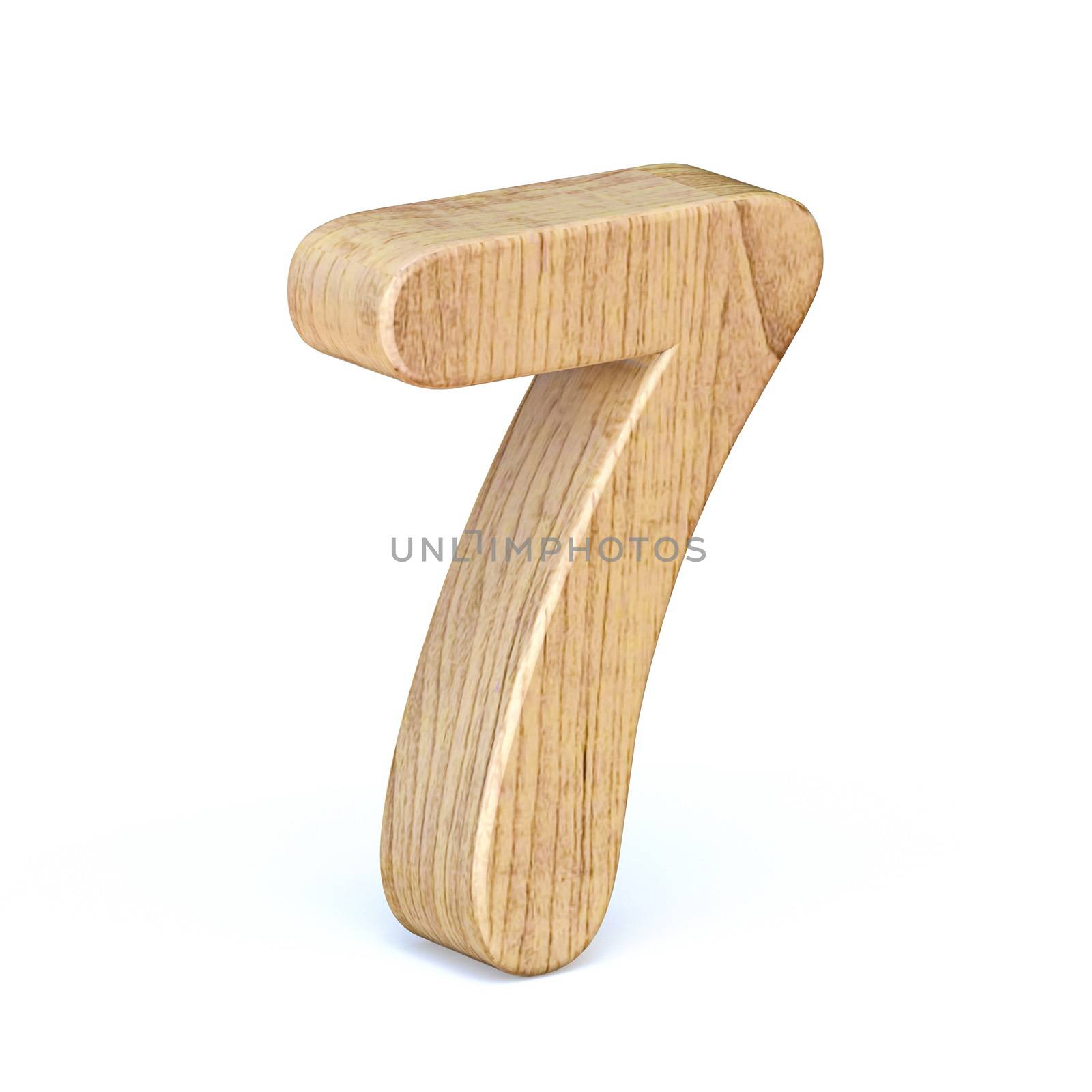 Rounded wooden font Number 7 SEVEN 3D render illustration isolated on white background