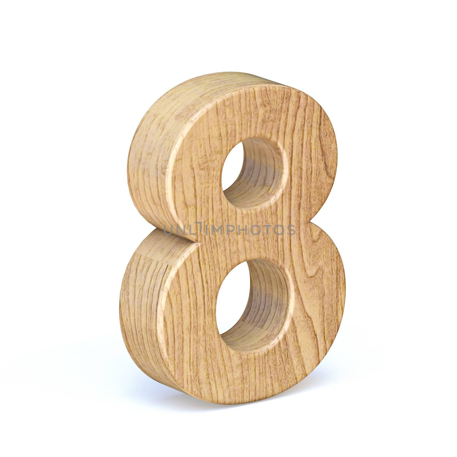 Rounded wooden font Number 8 EIGHT 3D render illustration isolated on white background