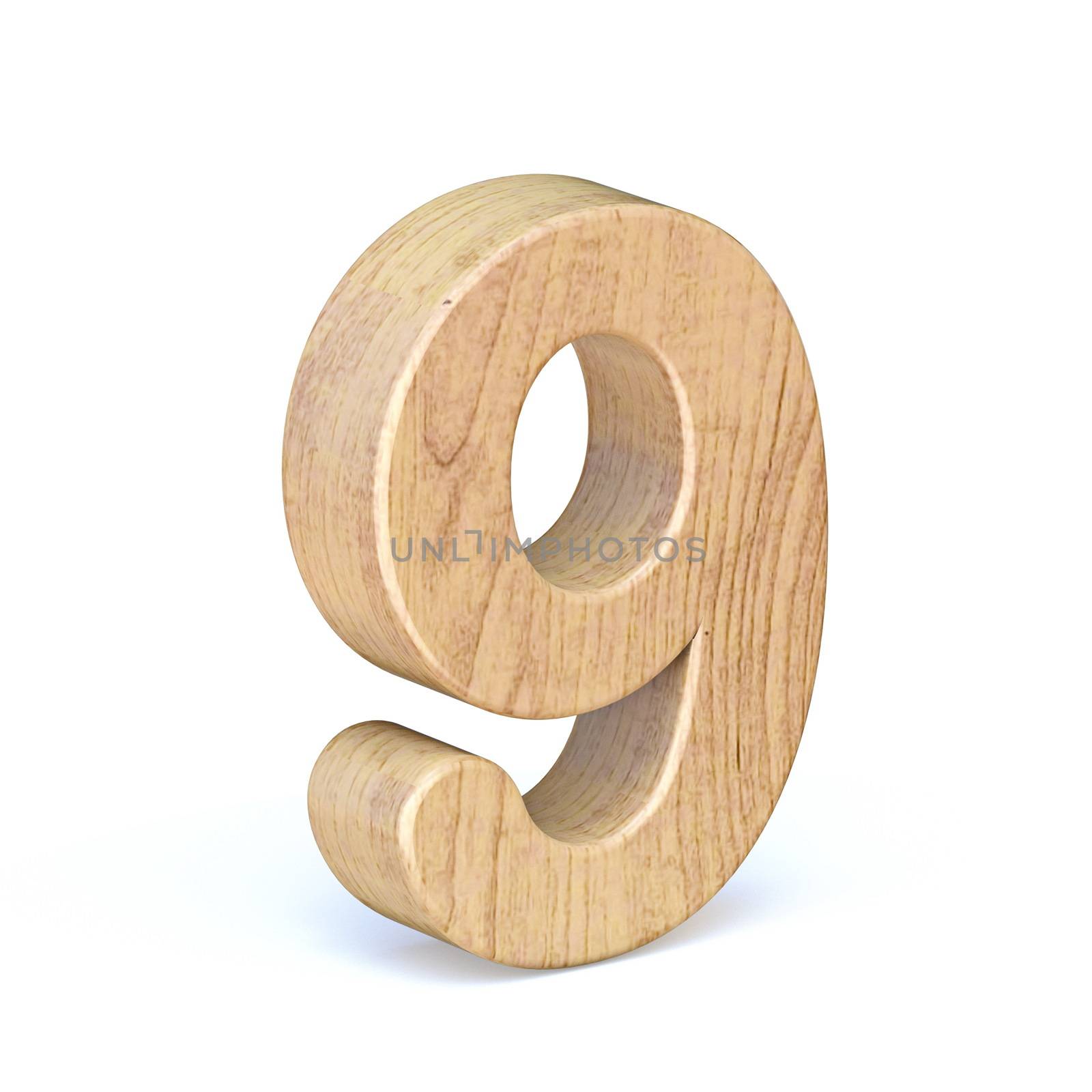Rounded wooden font Number 9 NINE 3D render illustration isolated on white background