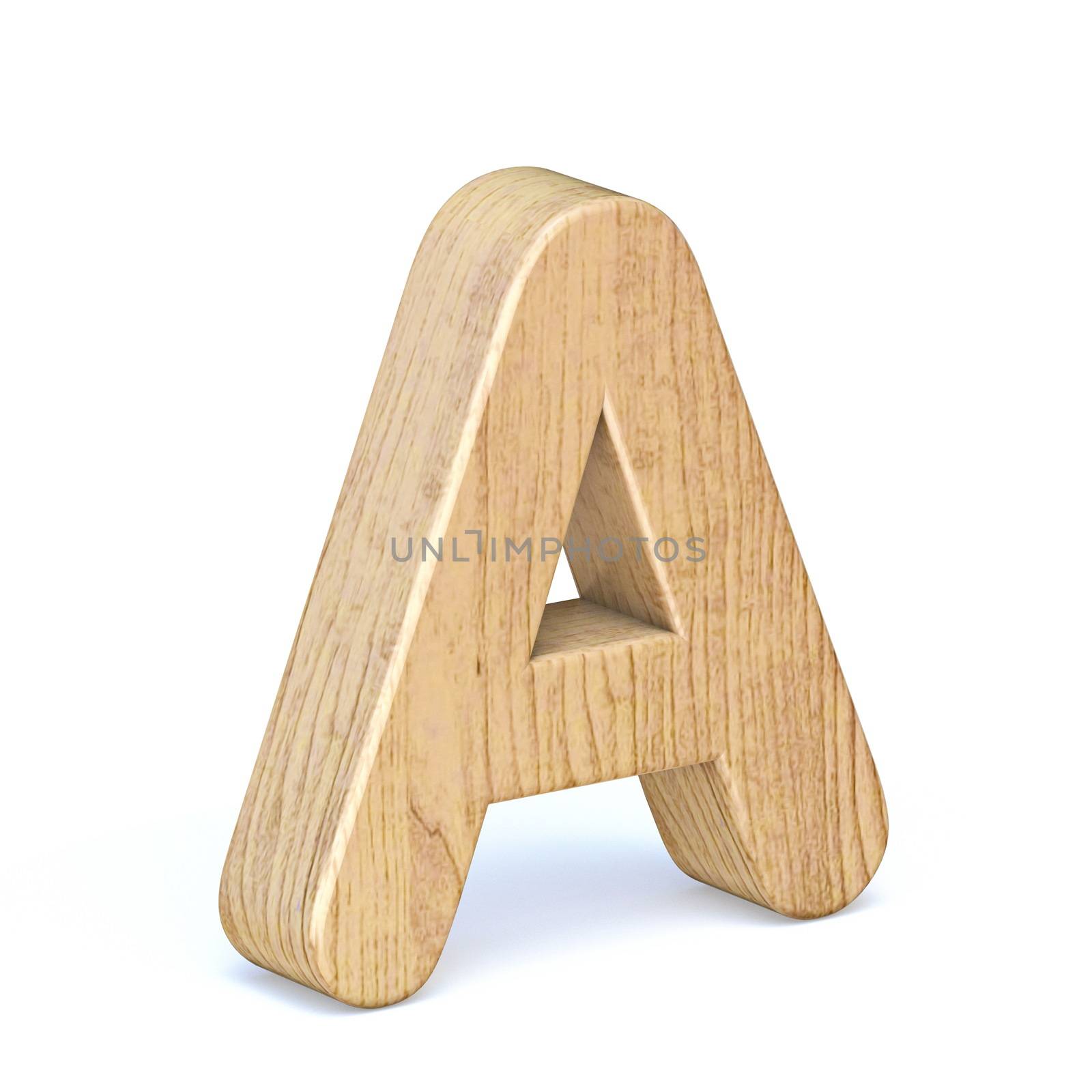 Rounded wooden font Letter A 3D render illustration isolated on white background