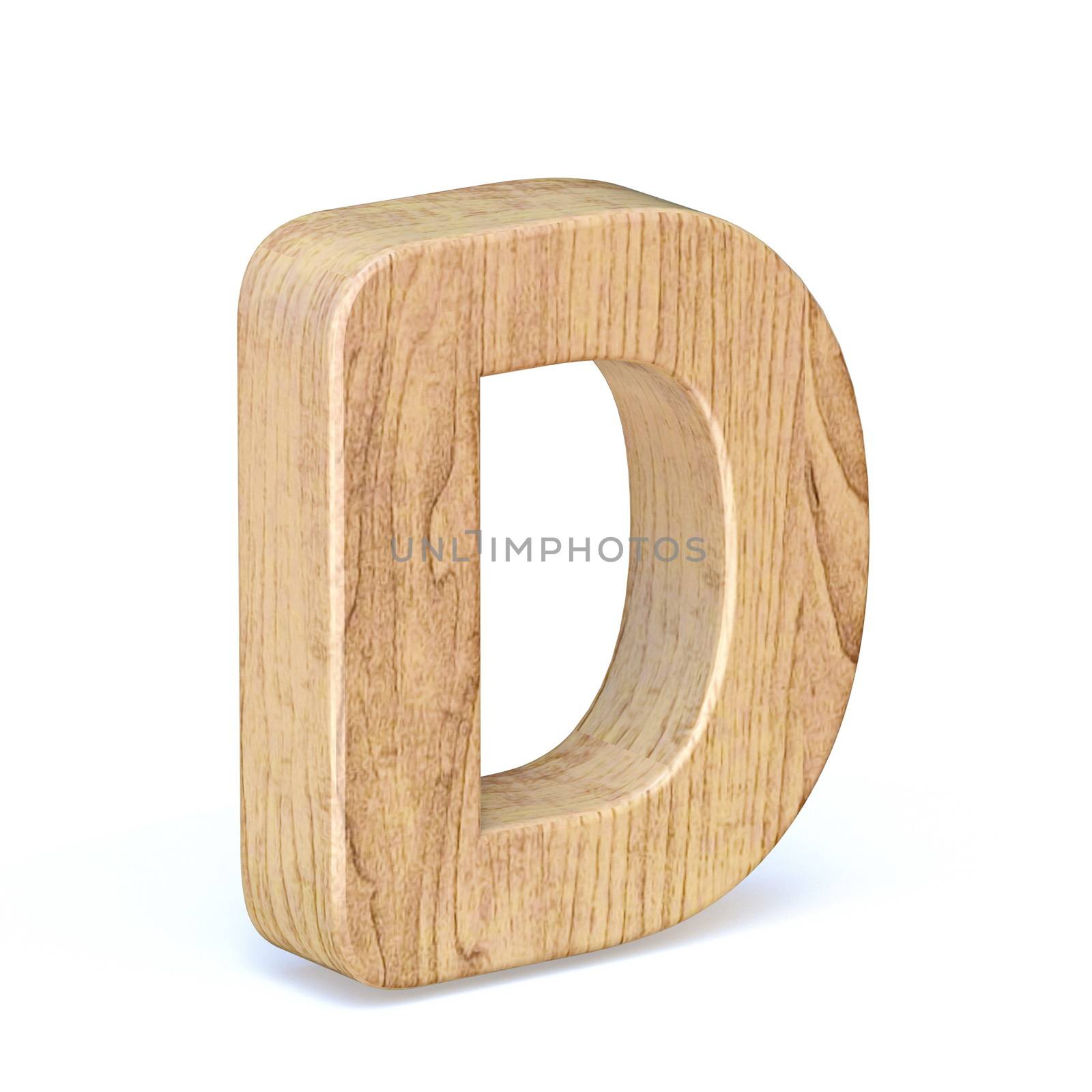 Rounded wooden font Letter D 3D render illustration isolated on white background