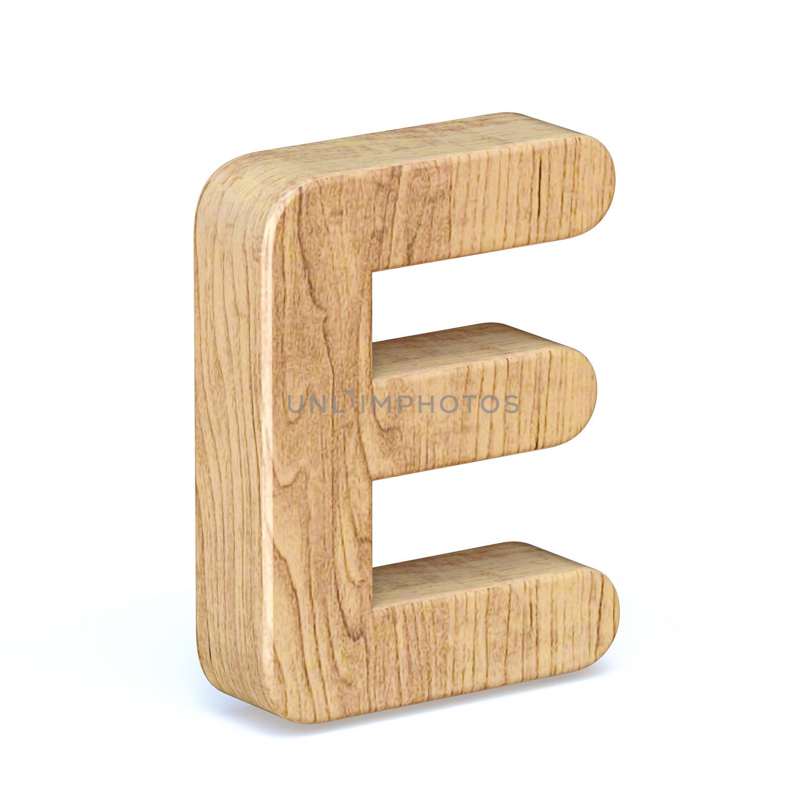Rounded wooden font Letter E 3D render illustration isolated on white background