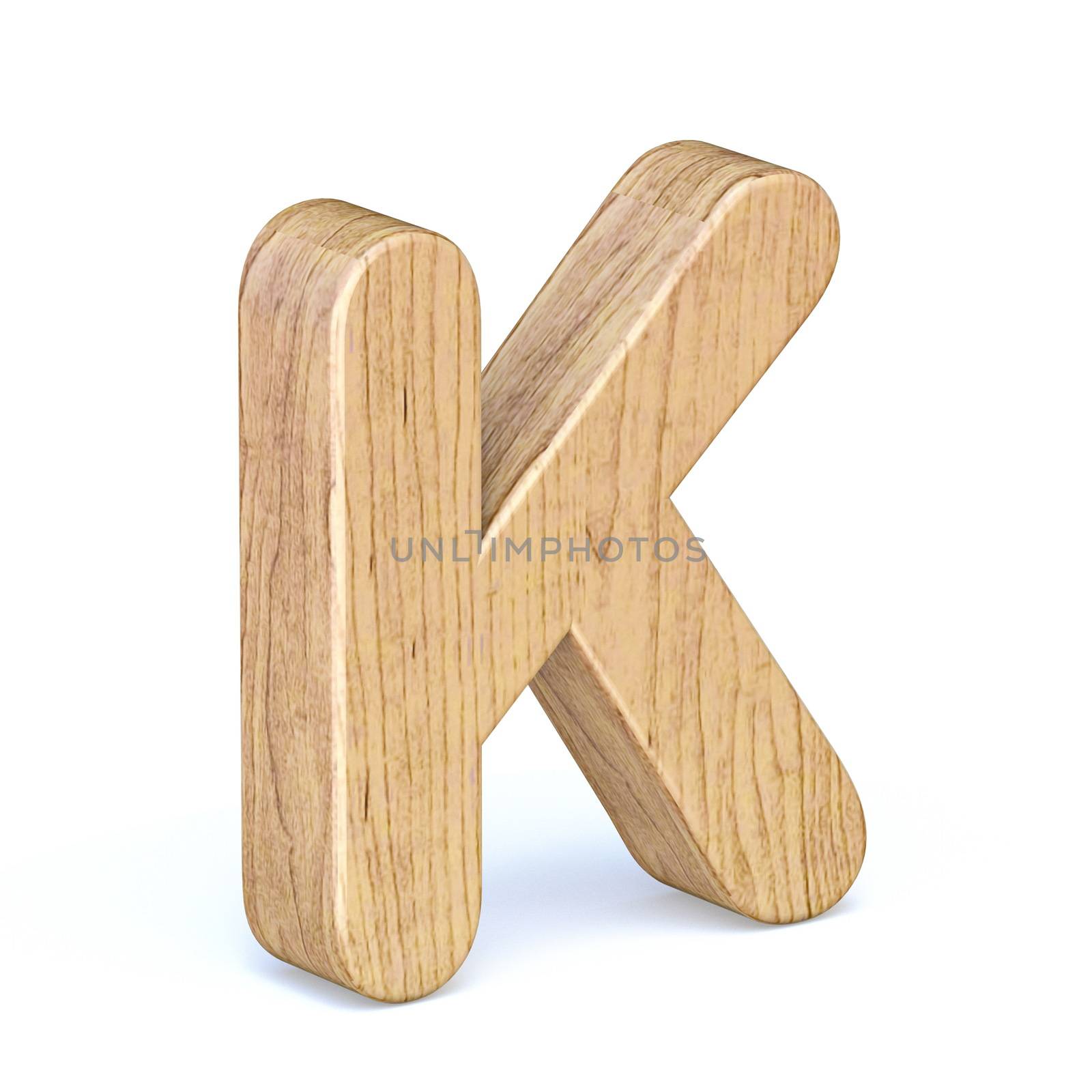 Rounded wooden font Letter K 3D render illustration isolated on white background