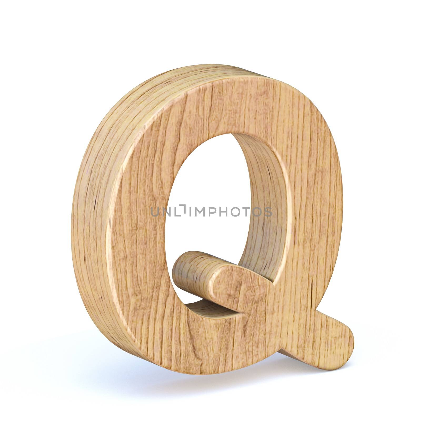 Rounded wooden font Letter Q 3D render illustration isolated on white background