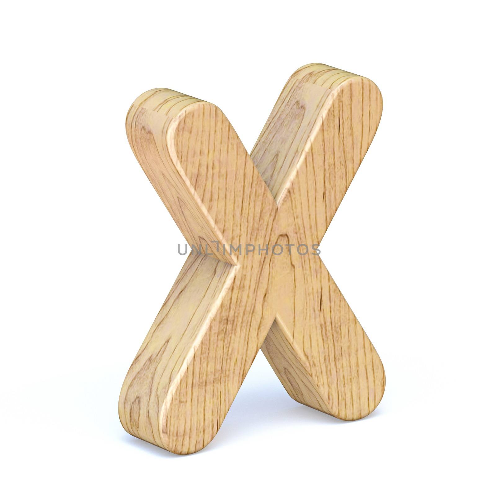 Rounded wooden font Letter X 3D render illustration isolated on white background