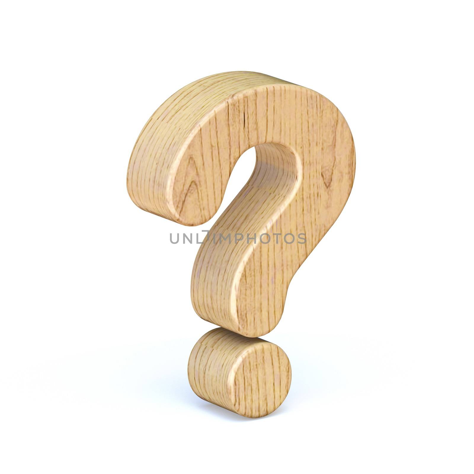 Rounded wooden font question mark 3D render illustration isolated on white background