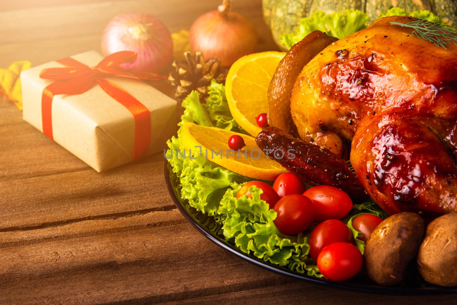 Thanksgiving baked turkey or chicken and vegetables, Christmas dinner feast food decoration, studio shot on wooden table background, Happy thanksgiving day of holiday concept