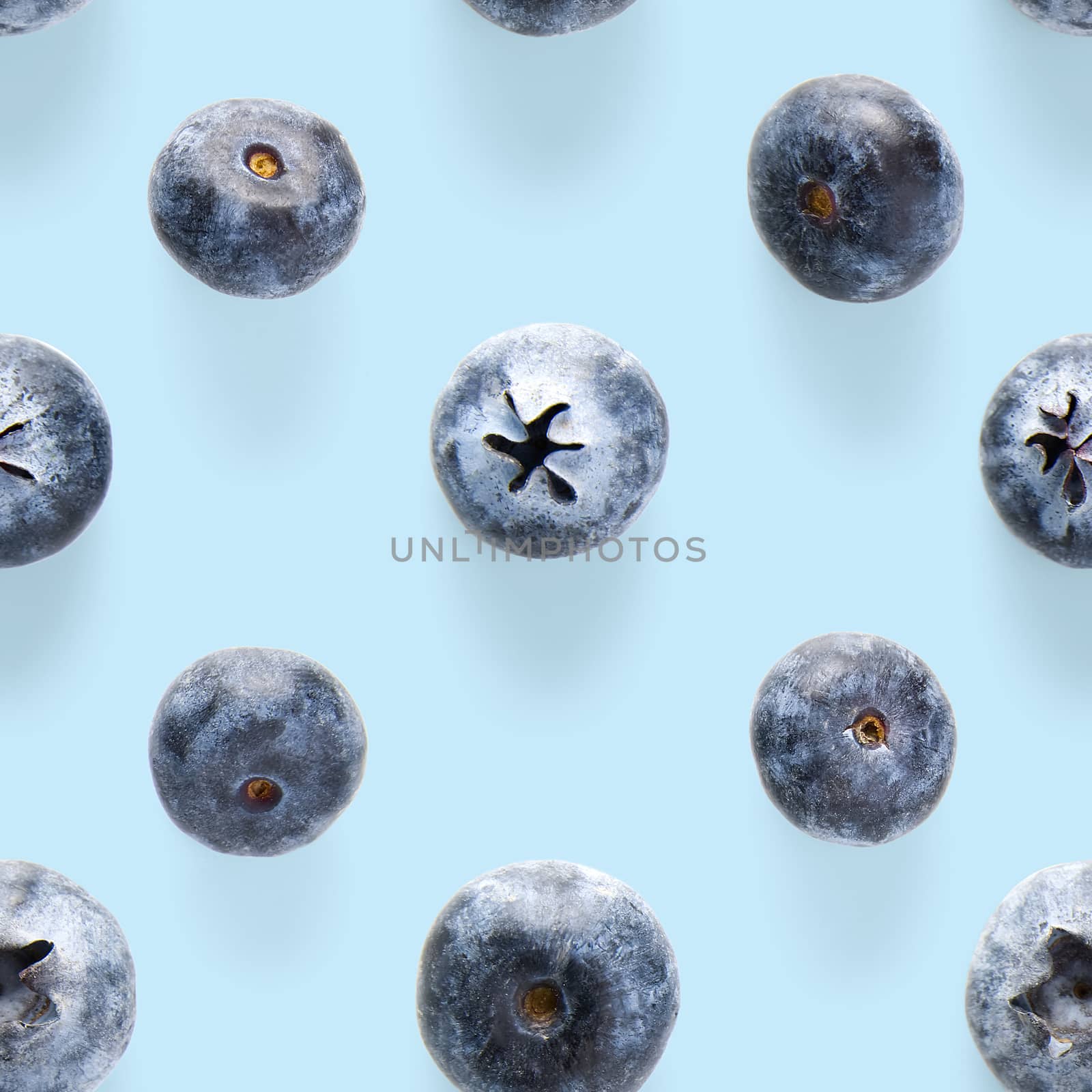 Trendy seamless pattern of blueberries. Blueberry pattern isolated on blue background. Blueberry flat lay, can be used for textile, prints, packing designs orother moden andcreative works