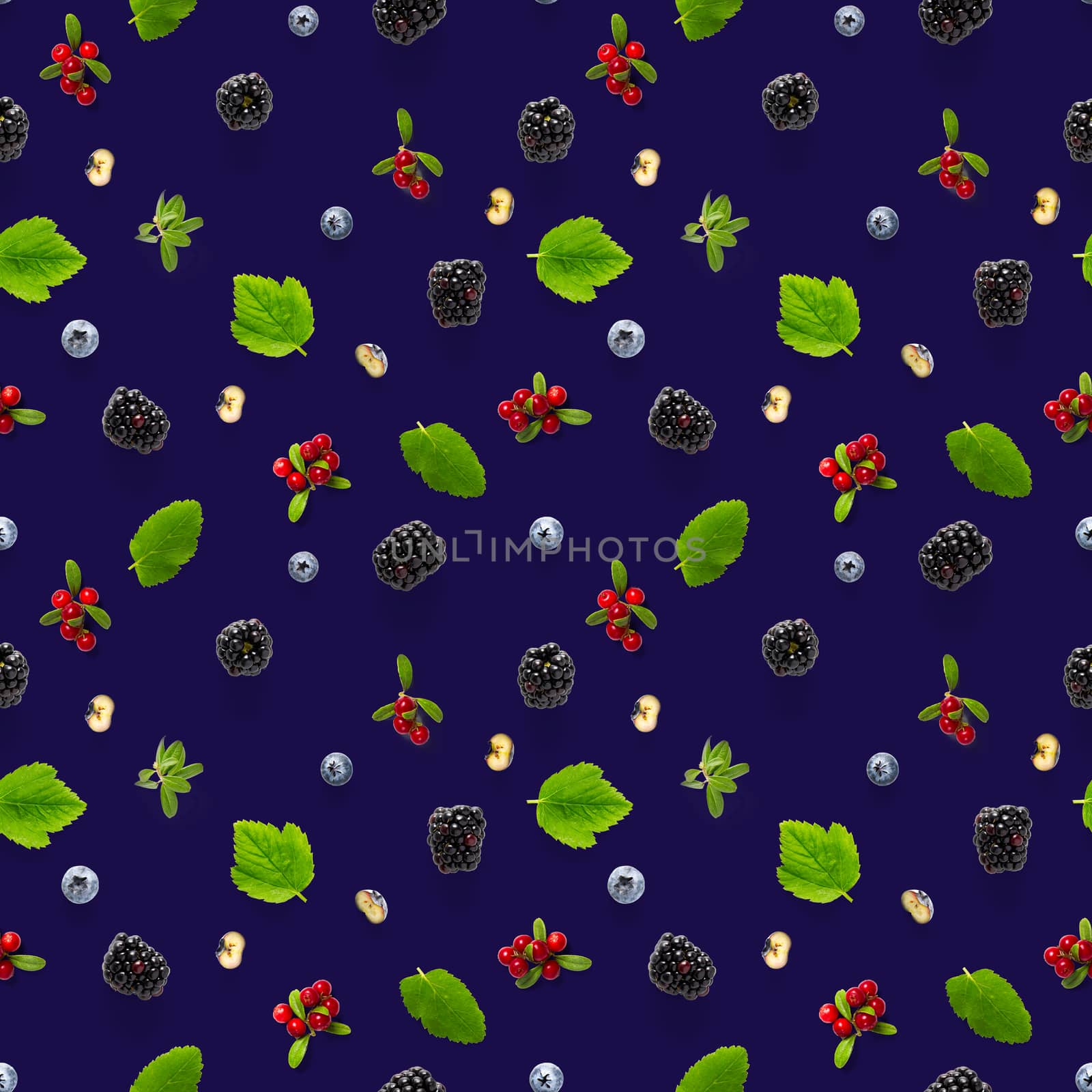 Creative seamless pattern of wild berries, blackberry, blueberry, lingonberry and bramble. modern seamless pattern on blue backgriund made from autumn forest wild berries. Forest berries mix