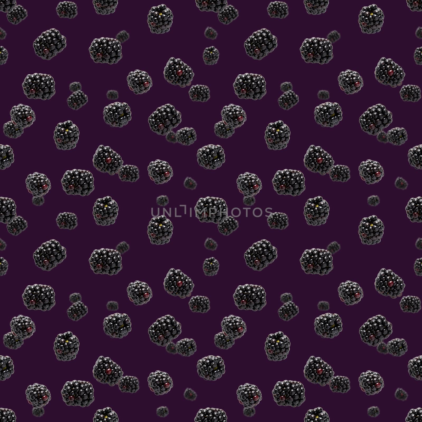 Falling Bramble Seamless pattern. Fresh Falling blackberry seamless pattern. Square pattern with fresh wild berries isolated on purpule background. flat lay.