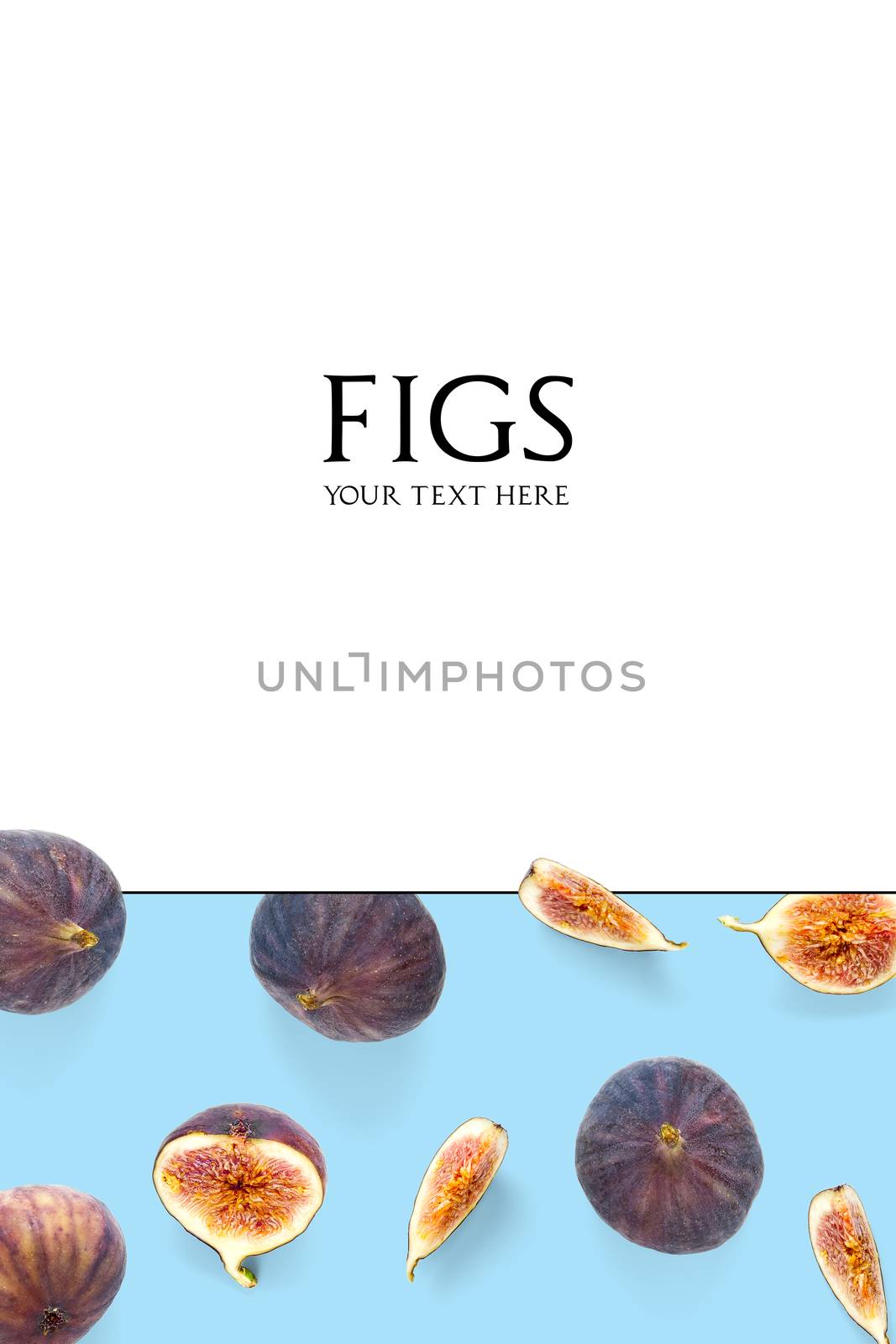 Creative layout of Fresh ripe figs. Food Photo. Figs on a white background with copy space. trendy modern collage of Fig with sample text. by PhotoTime