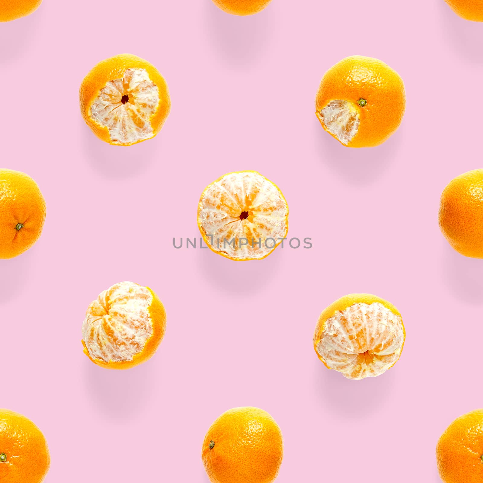 Fresh mandarin Seamles pattern. Ripe fruit tangerines seamless pattern. Fresh citrus isolated on pink background pattern. Flat lay of Clementine. Mandarine modern tropical seamless background.
