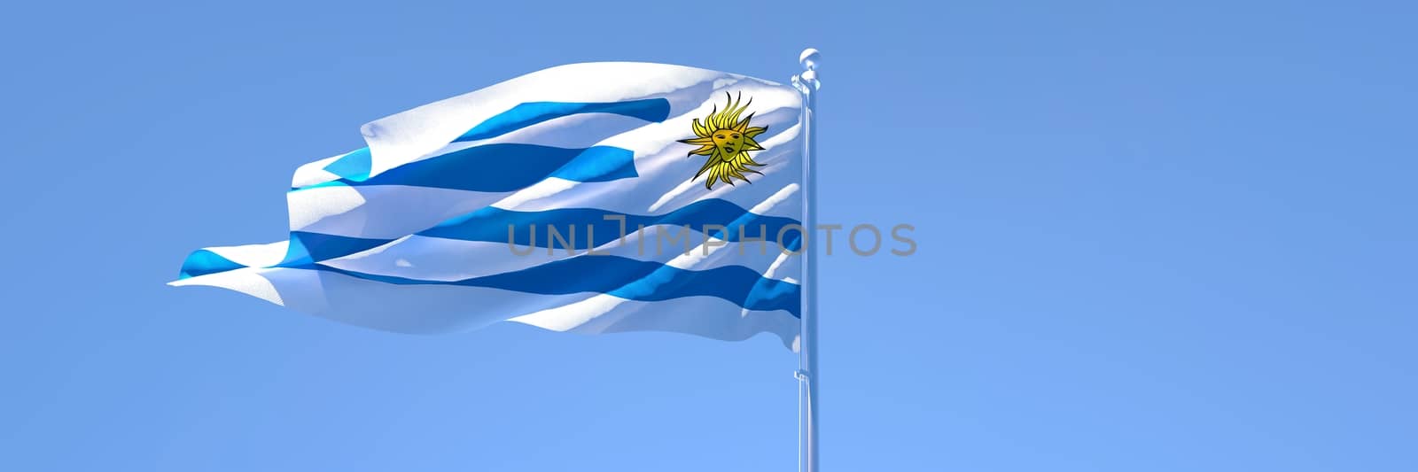 3D rendering of the national flag of Uruguay waving in the wind against a blue sky