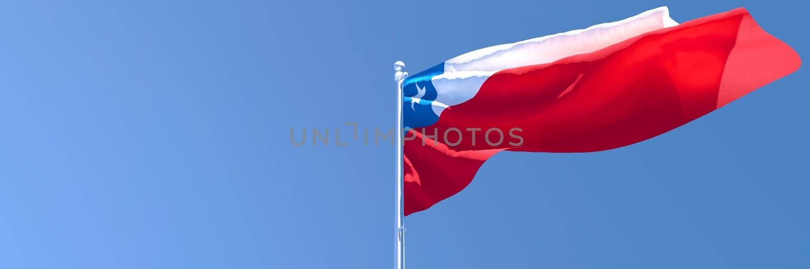 3D rendering of the national flag of Chile waving in the wind against a blue sky