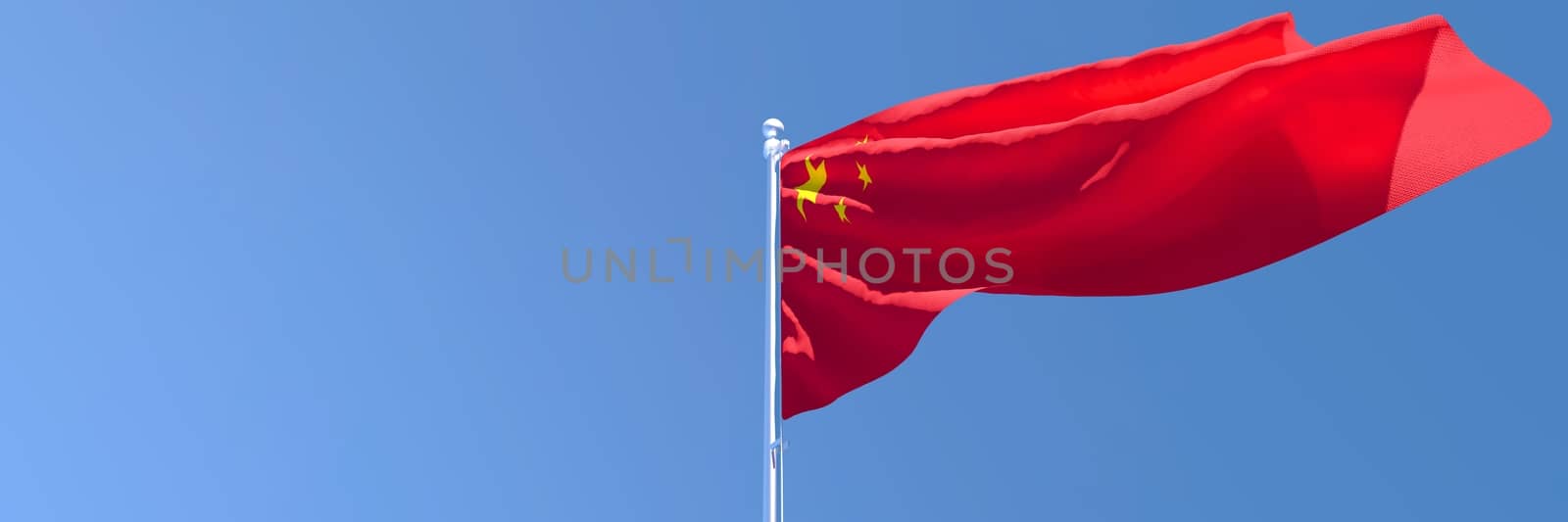 3D rendering of the national flag of China waving in the wind against a blue sky