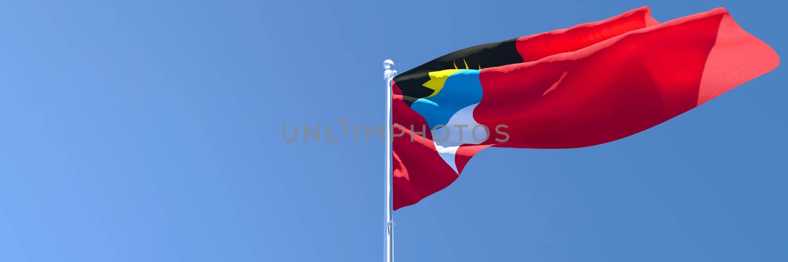 3D rendering of the national flag of Barbuda waving in the wind against a blue sky