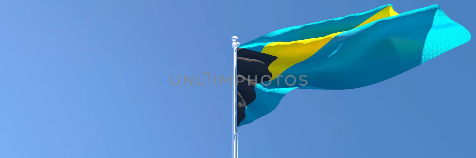 3D rendering of the national flag of Bahama islands waving in the wind against a blue sky