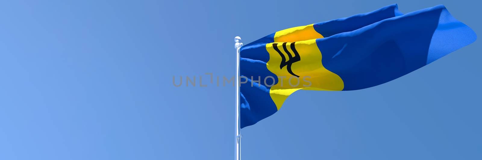 3D rendering of the national flag of Barbados waving in the wind against a blue sky