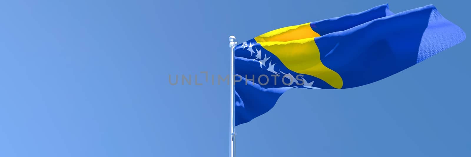 3D rendering of the national flag of Bosnia and Herzegovina waving in the wind against a blue sky