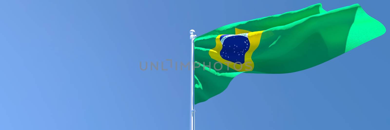 3D rendering of the national flag of Brazil waving in the wind against a blue sky