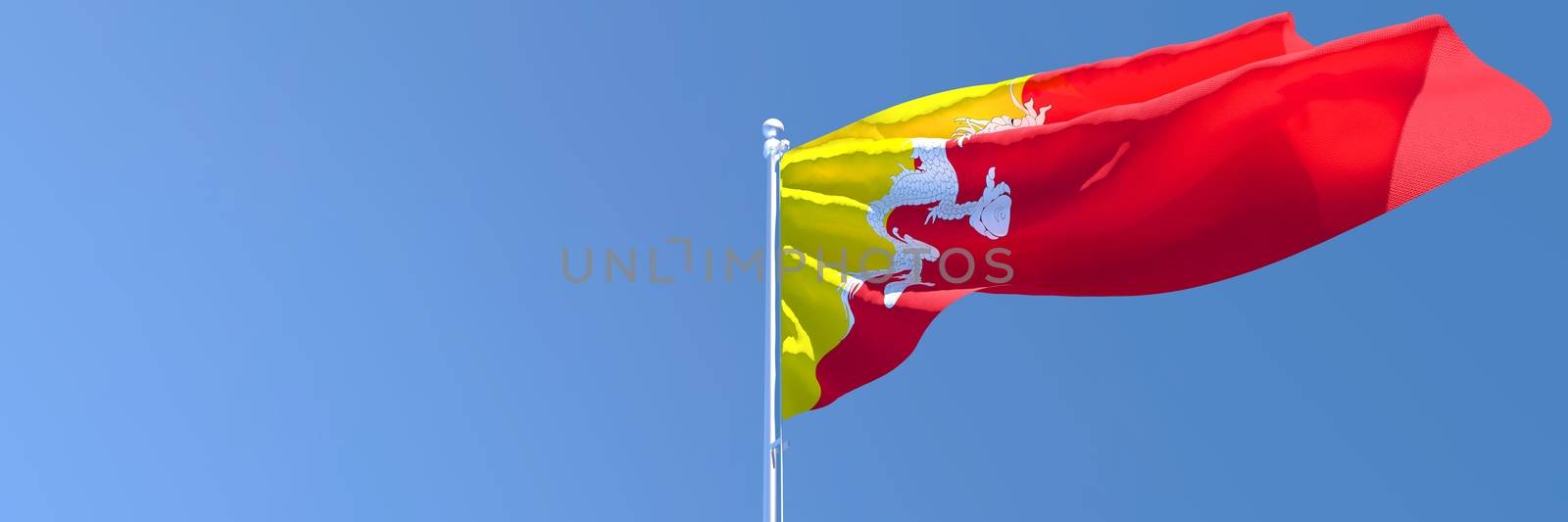 3D rendering of the national flag of Bhutan waving in the wind against a blue sky