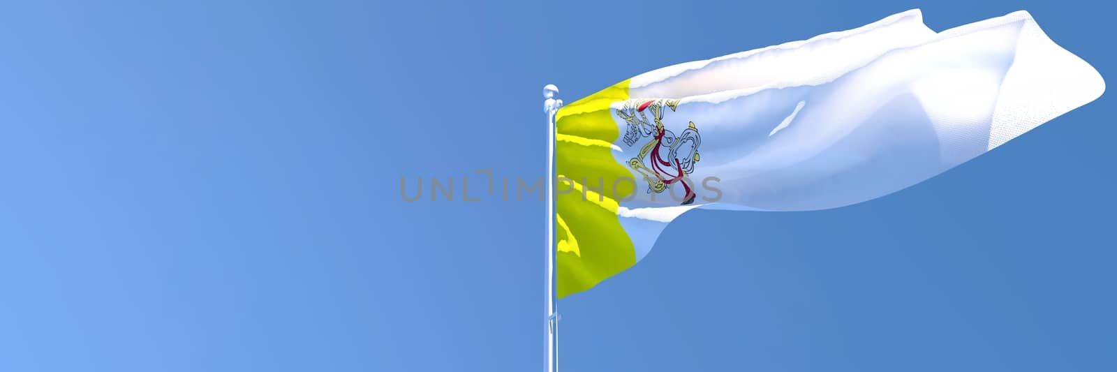 3D rendering of the national flag of Vatican waving in the wind against a blue sky