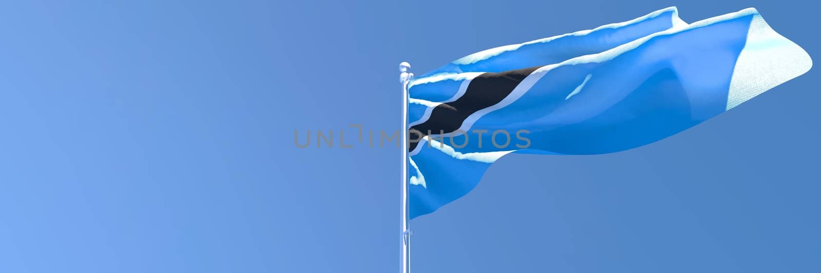 3D rendering of the national flag of Botswana waving in the wind against a blue sky