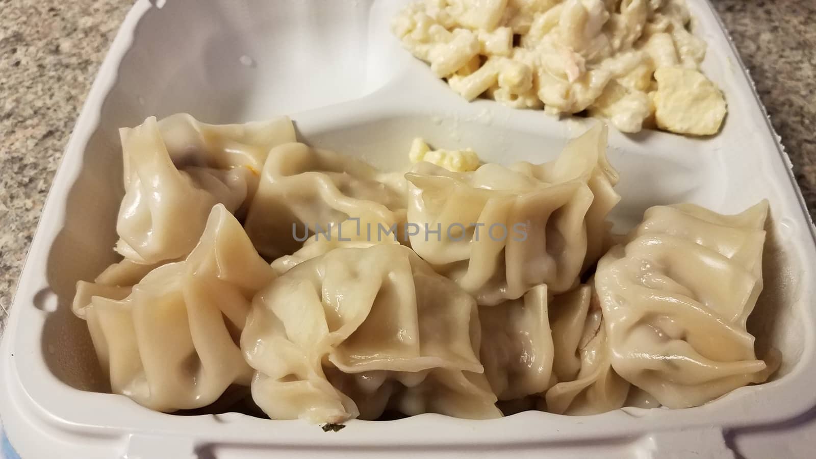 take out container of dumplings and macaroni salad on counter