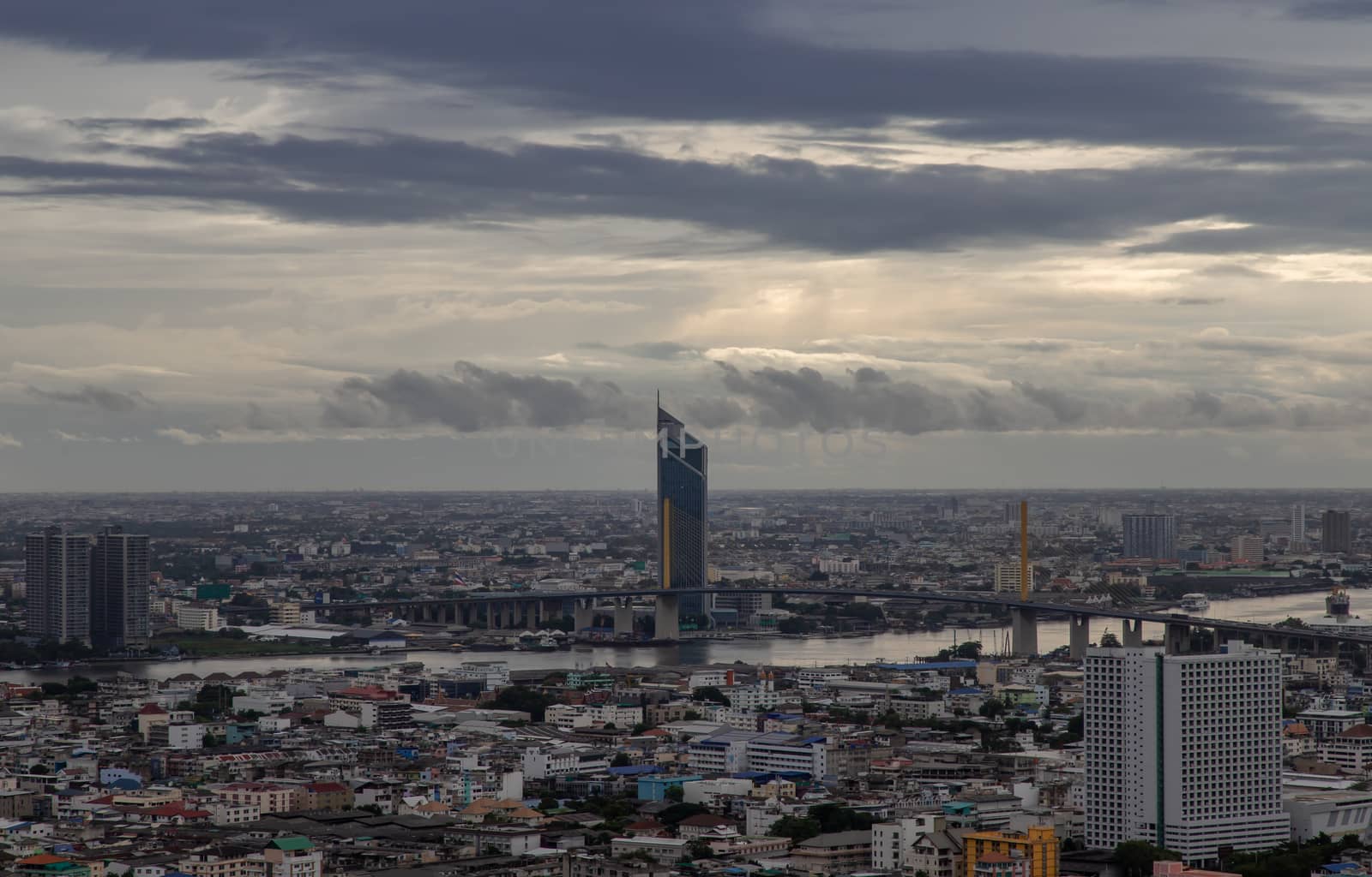 Bangkok, thailand - Sep 20, 2020 : Beautiful city view of Bangkok Before the rain at sunset creates relaxing feeling for the rest of the day. Selective focus.