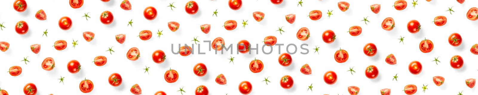 Banner - creative background from red tomatoes. Abstract background. of isolated ripe Tomato on the white background not seamless pattern. flat lay