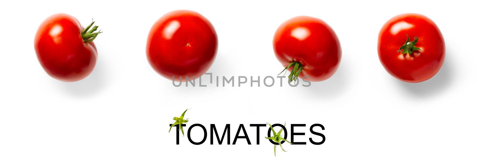 Creative wide layout made of tomato on the white background. Creative flat lay set of tomatoes with simple text on white background banner, copy space. tomato theme decoration design or vegetarianism concept.