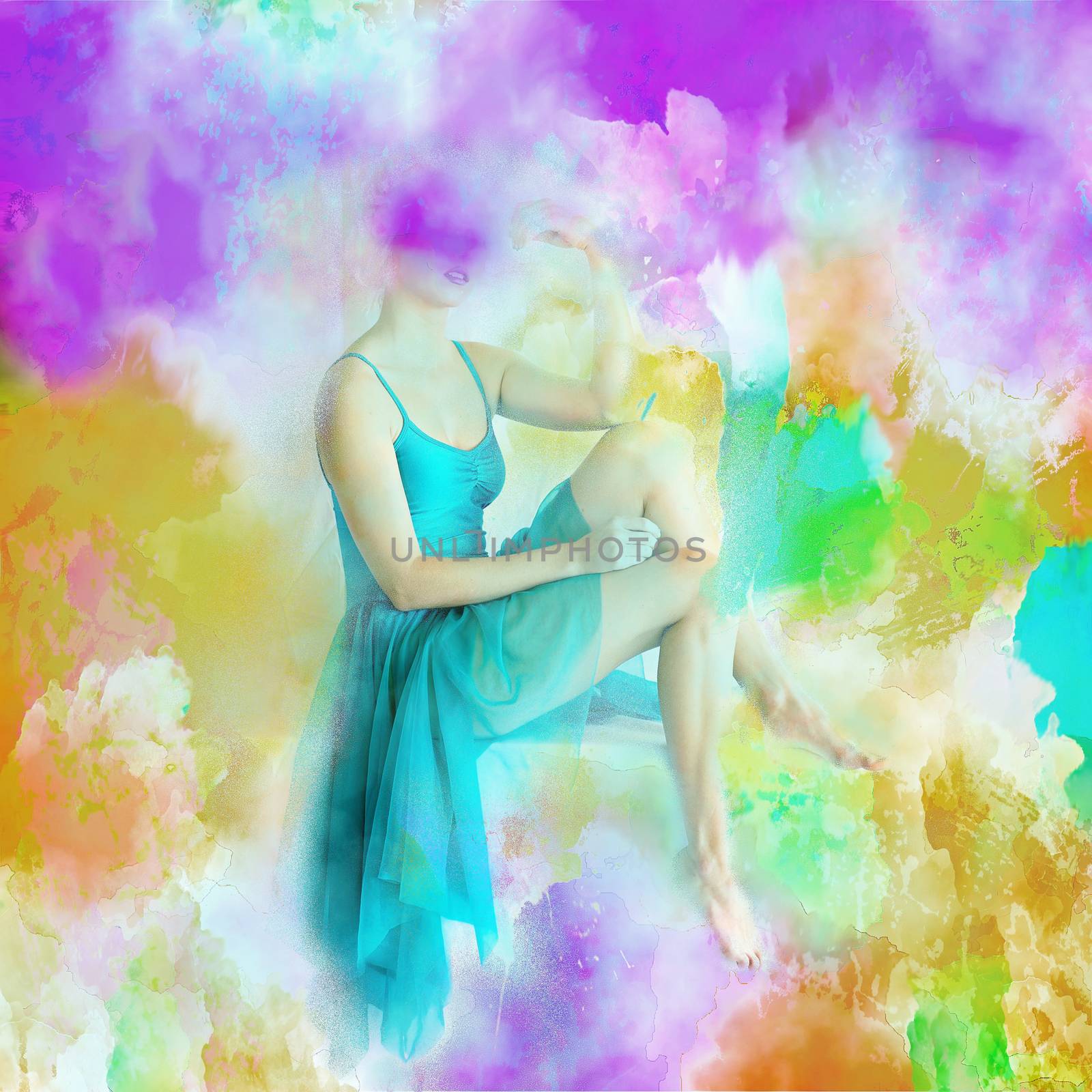 Young Woman Dreaming In A Colorful Cloud by 	JacksonStock