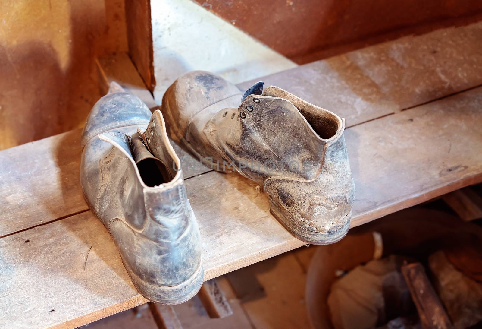A pair of very old work boots as worn by gold miners during the early gold rush days in Victoria Australia