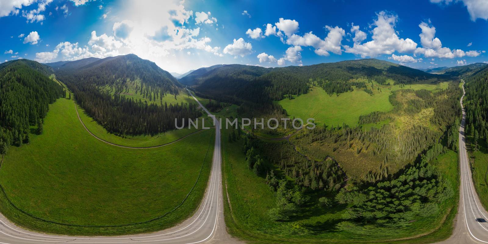 Full 360 equirectangular panorama of aerial top vew of Chuysky trakt road in the Altai mountains. One of the most beautiful road in the world. Aerial drone shot. Virtual reality content