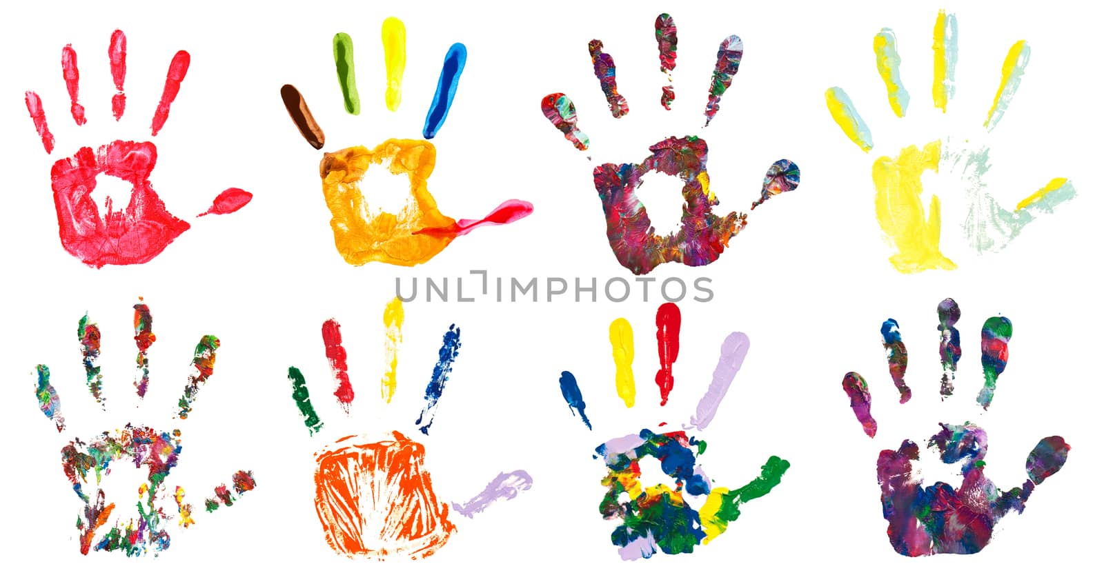 Set of colorful hand prints, isolated on white background. Collection of color art hand painted.