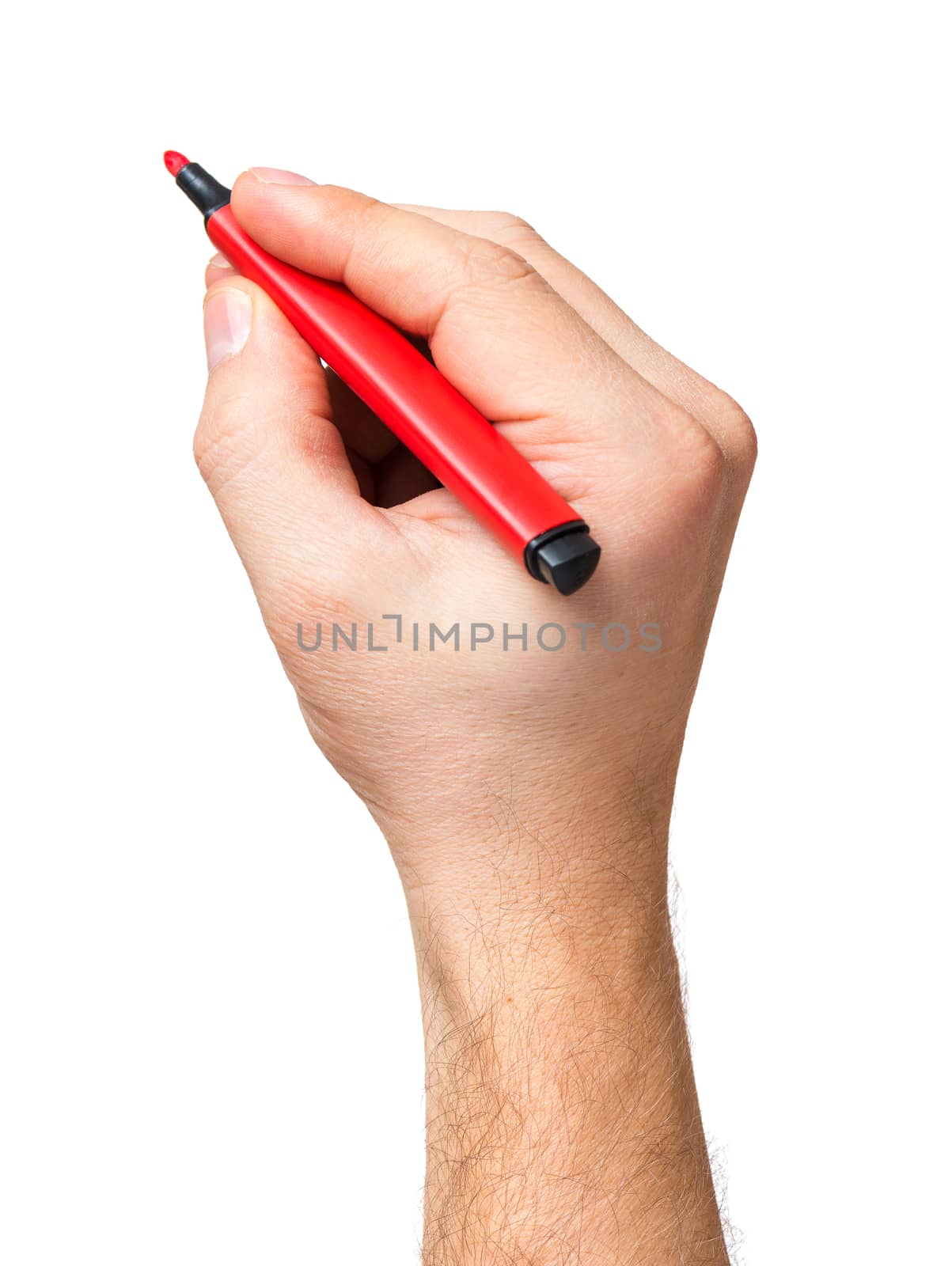 Male hand holding red marker, isolated on white background.