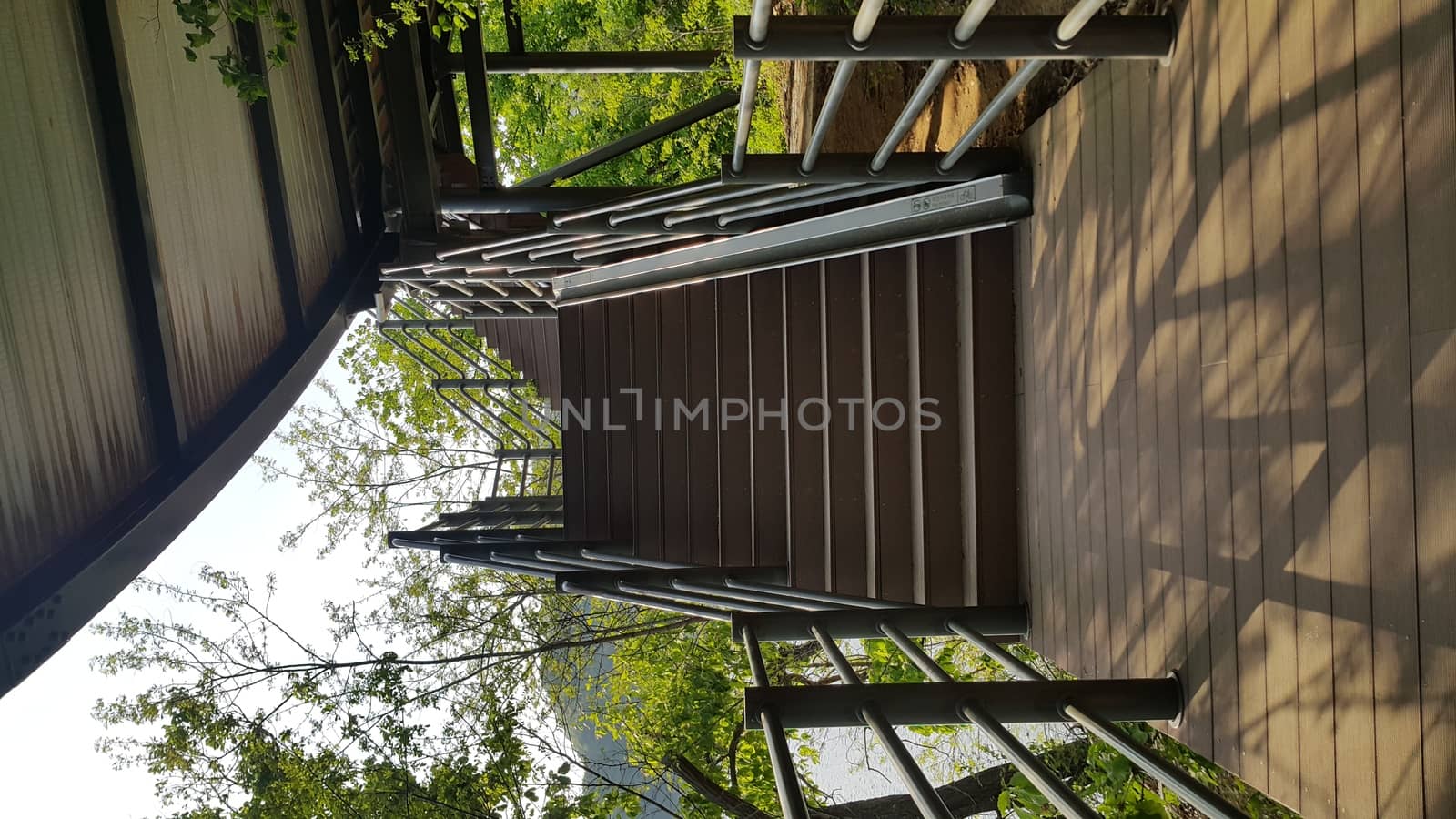 Wooden stairs with handrails on both sides in a park.